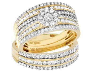 Pre-owned Jewelry Unlimited Ladies/mens 14k Yellow Gold Diamond Cluster Top Trio Bridal Ring Set 1.50 Ct 6mm