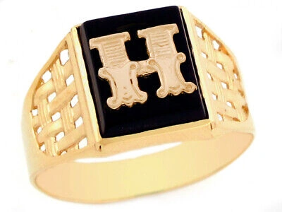 Pre-owned Jackani 10k Or 14k Yellow Gold Bold Black Onyx Mens Basket Weave Initial Letter H Ring