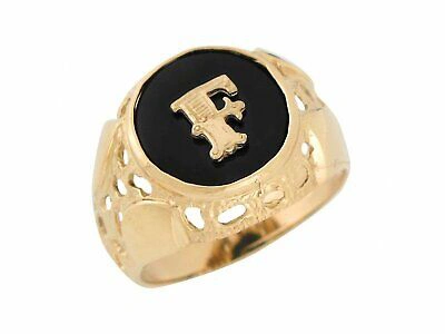 Pre-owned Amoravi 10k Or 14k Yellow Gold Bezel Set Bold Black Onyx Mens Letter F Initial Ring
