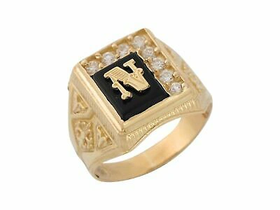 Pre-owned Jackani 10k Or 14k Yellow Gold Black Onyx White Cz Accented Mens Letter N Initiai Ring