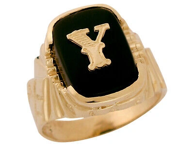 Pre-owned Amoravi 10k Or 14k Solid Gold Nugget Design Onyx Letter Y Mens Initial Statement Ring In Black