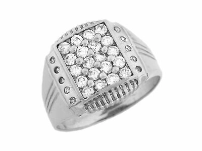 Pre-owned Jackani 10k Or 14k White Gold Mens Cz Rectangle Cluster Ring With Engraved Detail