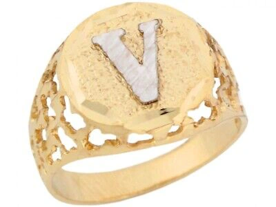 Pre-owned Jackani 10k Or 14k Two Tone Gold Unique Filigree Letter V Stylish Mens Initial Ring