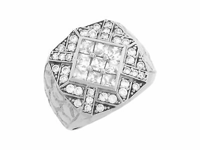 Pre-owned Jackani 10k Or 14k White Gold Unique Mens Cz Cluster Ring With Engravings On Sides