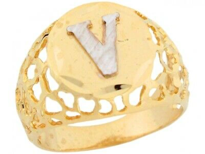 Pre-owned Jackani 10k Or 14k Two Tone Gold Filigree Diamond Cut Letter V Bold Mens Initial Ring