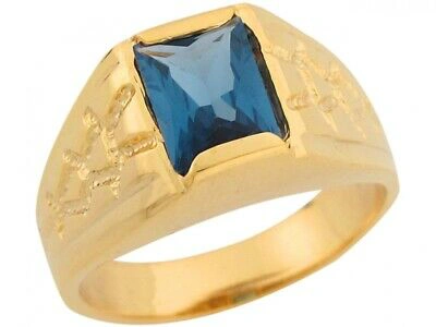 Pre-owned Amoravi 10k Or 14k Yellow Gold Simulated Blue Zircon Nugget Band Handsome Mens Ring
