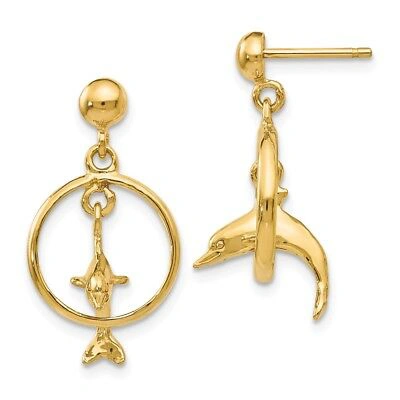 Pre-owned Superdealsforeverything Real 14kt Polished 3-d Dolphin Jumping Through Hoop Dangle Earrings In Yellow