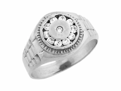 Pre-owned Jackani 10k Or 14k White Gold Round Mens Cz Ring With Halo And Engraved Details