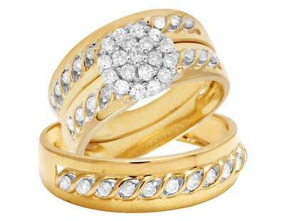 Pre-owned Jewelry Unlimited Ladies/men's 10k Yellow Gold Real Diamond Wedding Trio Bridal Ring Set 1ct 8mm In G-h