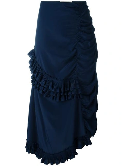 Marni Ruffle-trimmed Ruched Crepe Midi Skirt In Navy