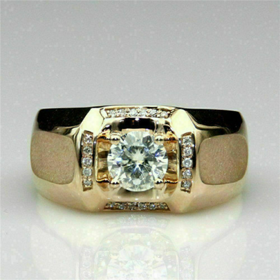 Pre-owned Starjewels 2ct Round Cut Tester Pass Moissanite Classic Men's Ring 14k Yellow Gold Plated