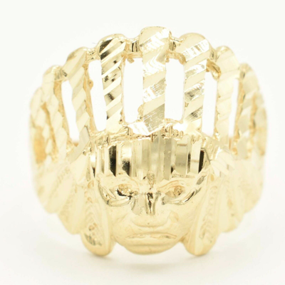 Pre-owned Bayam Men's Textured Indian Chief Head Ring Real Solid 10k Yellow Gold