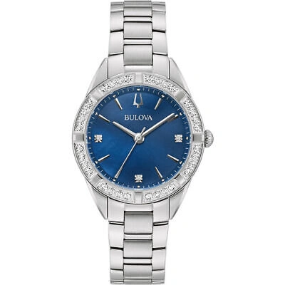 Pre-owned Bulova 96r243 Sutton Blue Dial Sapphire Crystal Stainless Women's Diamond Watch