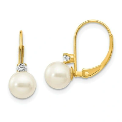 Pre-owned Versil 14k 6-7mm White Round Fw Cultured Pearl Aa Diamond Leverback Earrings In Yellow