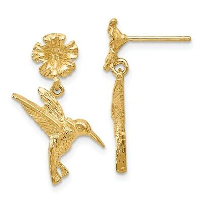 Pre-owned Superdealsforeverything Real 14kt Yellow Gold Hummingbird Dangles From Flower Post Earrings