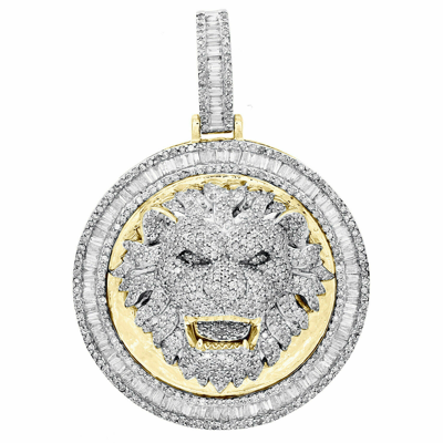 Pre-owned Jewelry Tez 14k Yellow Gold Fn Round & Baguette Diamond Lion Frame Pendant 1.80" Charm 2 Ct. In White