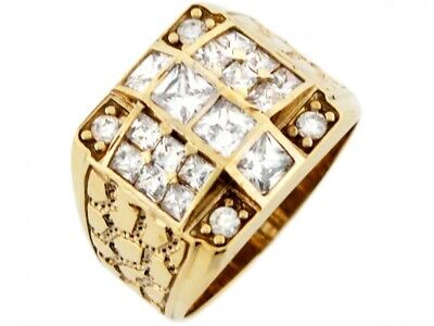 Pre-owned Jackani 10k Or 14k Yellow Gold White Cz Cross Square Etched Unique Mens Ring