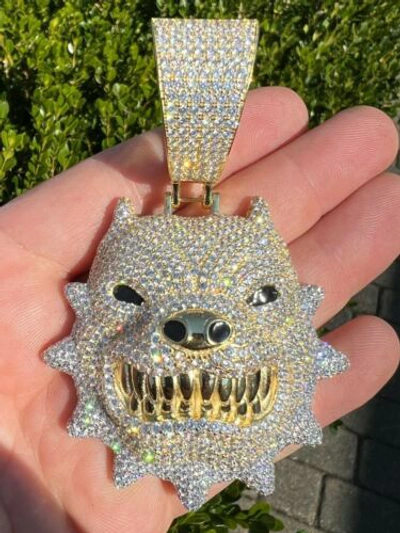 Pre-owned Harlembling Huge 3.5" Iced Hip Hop 14k Gold Plated 925 Angry Pitbull Dog Pendant Necklace Cz In White