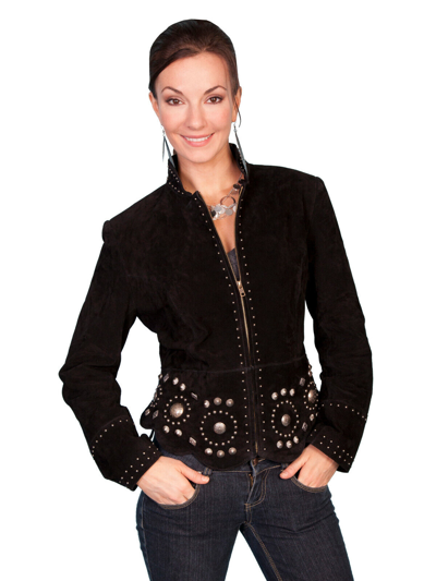 Pre-owned Scully Leather Women's Studded Conchos Boar Suede Jacket L191 In Black Boar Suede