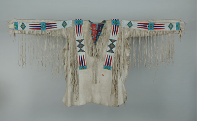 Pre-owned Buffalo Old Style Beige  Suede Hide Fringe Sioux Beaded Powwow War Shirt Xws1129