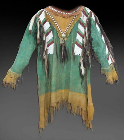 Pre-owned Handmade Old American Style Beaded Fringe Buckskin Suede Leather Powwow War Shirt Pws152 In Hand Colored Tan Green