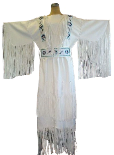 Pre-owned Handmade Women's White Leather Long Fringes Beaded Wedding Dress Powwow Regalia Wd224