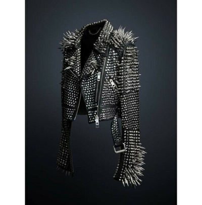 Pre-owned Black Brando Jacket-full  Punk Silver Long Spiked Studded Leather Jacket