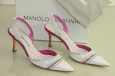 Pre-owned Manolo Blahnik $945  Petarda White Pink Dots Carolyne Heels Shoes Pumps 40.5