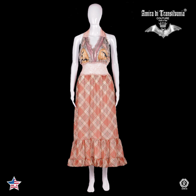 Pre-owned Amira Di Transilvania Women Clothing Summer Dress Haute Couture Fashion Tartan Fabric Pink Lace Gipsy