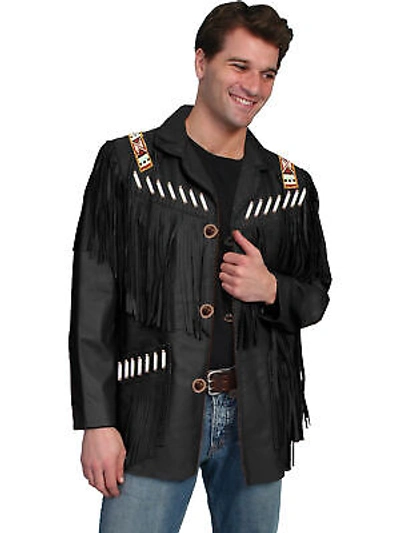 Pre-owned Scully Leather Mens Boar Suede Fringe Mountain Man Jacket Black