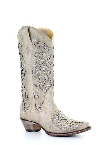Pre-owned Corral Boots Corral Ladies Inlay White Cowhide Leather Cowgirl Boots