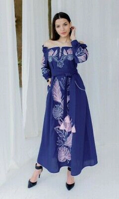 Pre-owned Galychanka Embroidered Blue Dress Boho Style Ukrainian Folk Ethnic Vyshyvanka S M L Xl Xxl