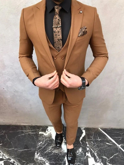 Pre-owned Handmade Mens 3 Piece Suit Grooms Wedding Party Wear Slim Fit Dinner Formal Coat Pants In Brown