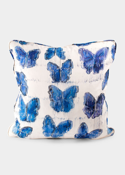 Hunt Slonem Butterflies In Blue Cotton Pillow, 22" In Bluewhite