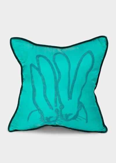 Hunt Slonem Embroidered Bunny Silk Pillow, 18" In Aquamarine
