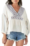 Lucky Brand Women's Embroidered V-neck Peasant Blouse In Whitecap Gray