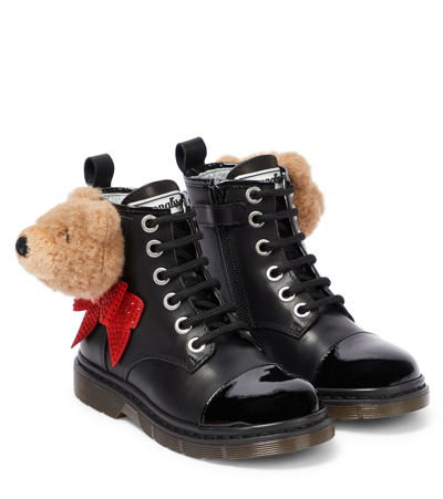 Monnalisa Kids' Teddy-embellished Leather Boots In Nero