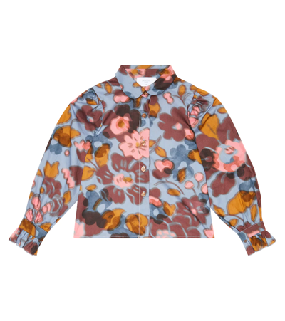 Paade Mode Kids' Floral-printed Cotton Shirt In Blue