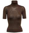 Saint Laurent Rib Short-sleeve Silk Turtleneck Sweater In Marron