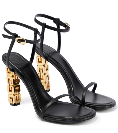 Givenchy Black Leather Sandals With G Cube Heel In Green Forest