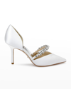Badgley Mischka Nathalie Satin Crystal-band Pumps In Soft White