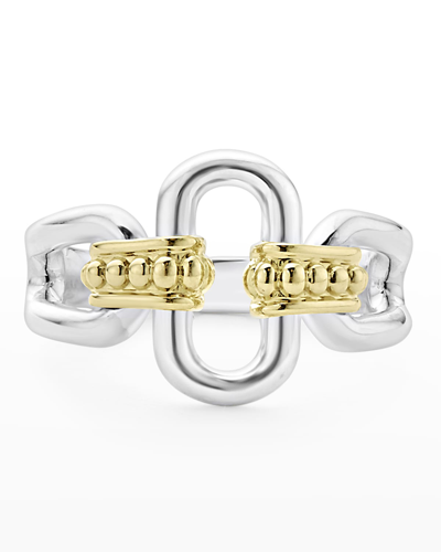 Lagos Sterling Silver And 18k Signature Caviar 13mm Oval Link Ring In Silver Gold
