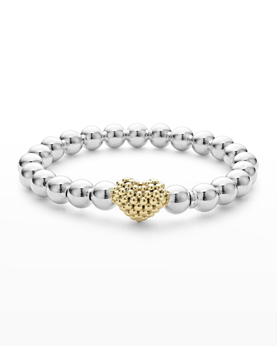 Lagos 18k Yellow & Sterling Silver Signature Caviar Heart Beaded Stretch Bracelet In Silver/gold