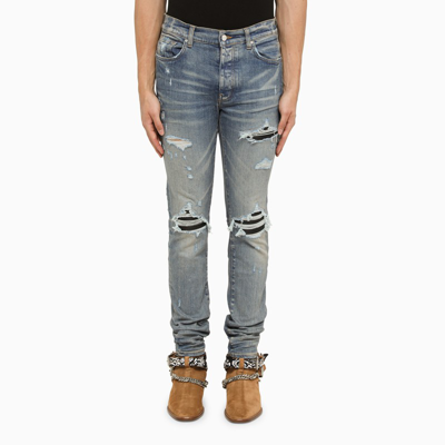 Amiri Indigo Skinny Jeans With Leather Patches In Light Blue