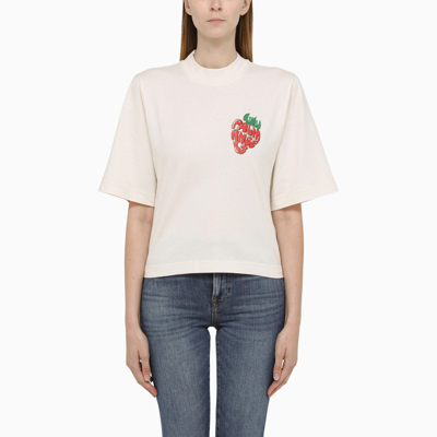 Palm Angels Butter-coloured Cotton Crew Neck T-shirt In Red