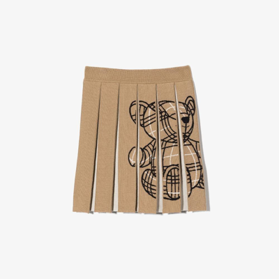 Burberry Kids' Thomas Bear Intarsia Wool Blend Pleated Skirt In Beige