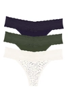 Natori Bliss Perfection O/s Thong 3 Pack In Midnight Navy/vine/cheetah