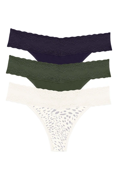 Natori Bliss Perfection O/s Thong 3 Pack In Midnight Navy/vine/cheetah