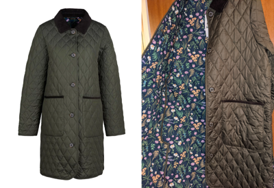 Pre-owned Barbour Padbury Floral Print Longline Quilted Jacket(olive)21"ptp(size 12)rp£189