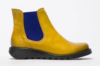 Pre-owned Ladies Fly Salv  Mustard Leather With Blue Elastic Pull On Ankle Boots